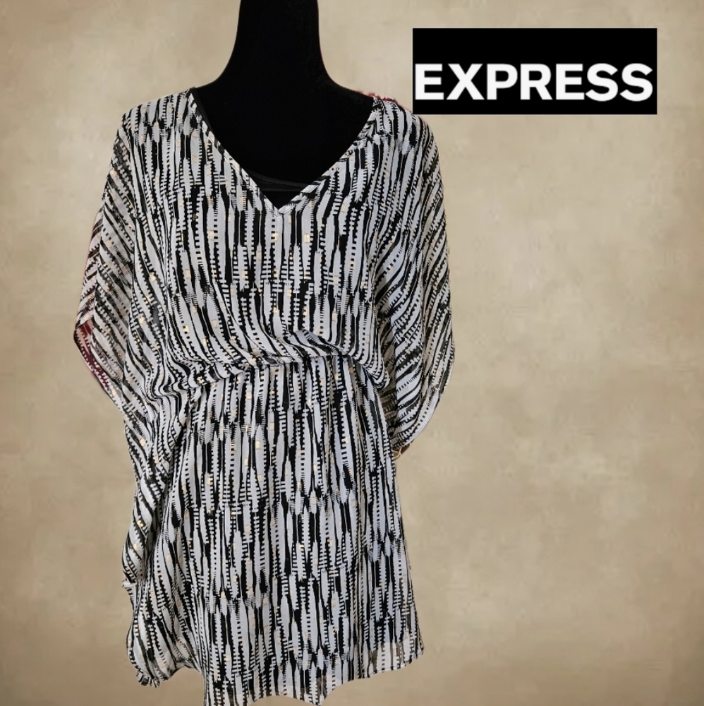 Express Dress Women Size S Black White Gold Oversize Kaftan Over Full Slip Dress